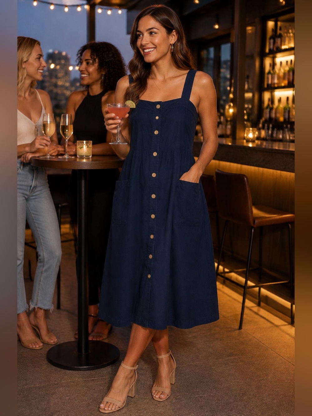Everlane Navy Button-Front Midi Dress